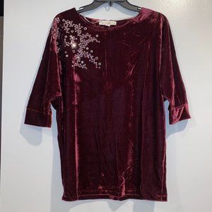 French Laundry Velour Burgundy Red Petite Small Silver Sequin Blouse Womens